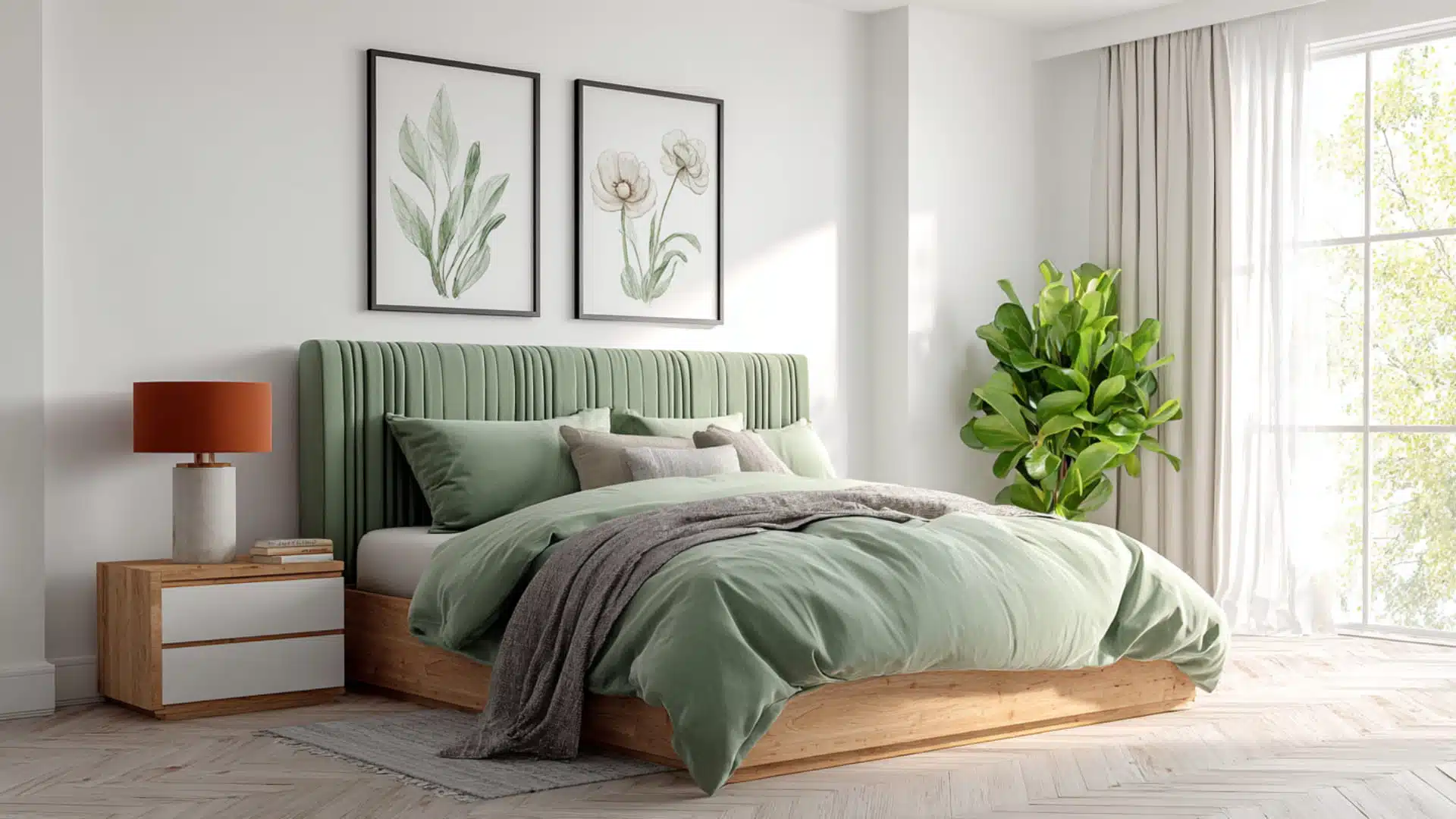 Modern bedroom with green upholstered bed, wood base, bright window, and plants