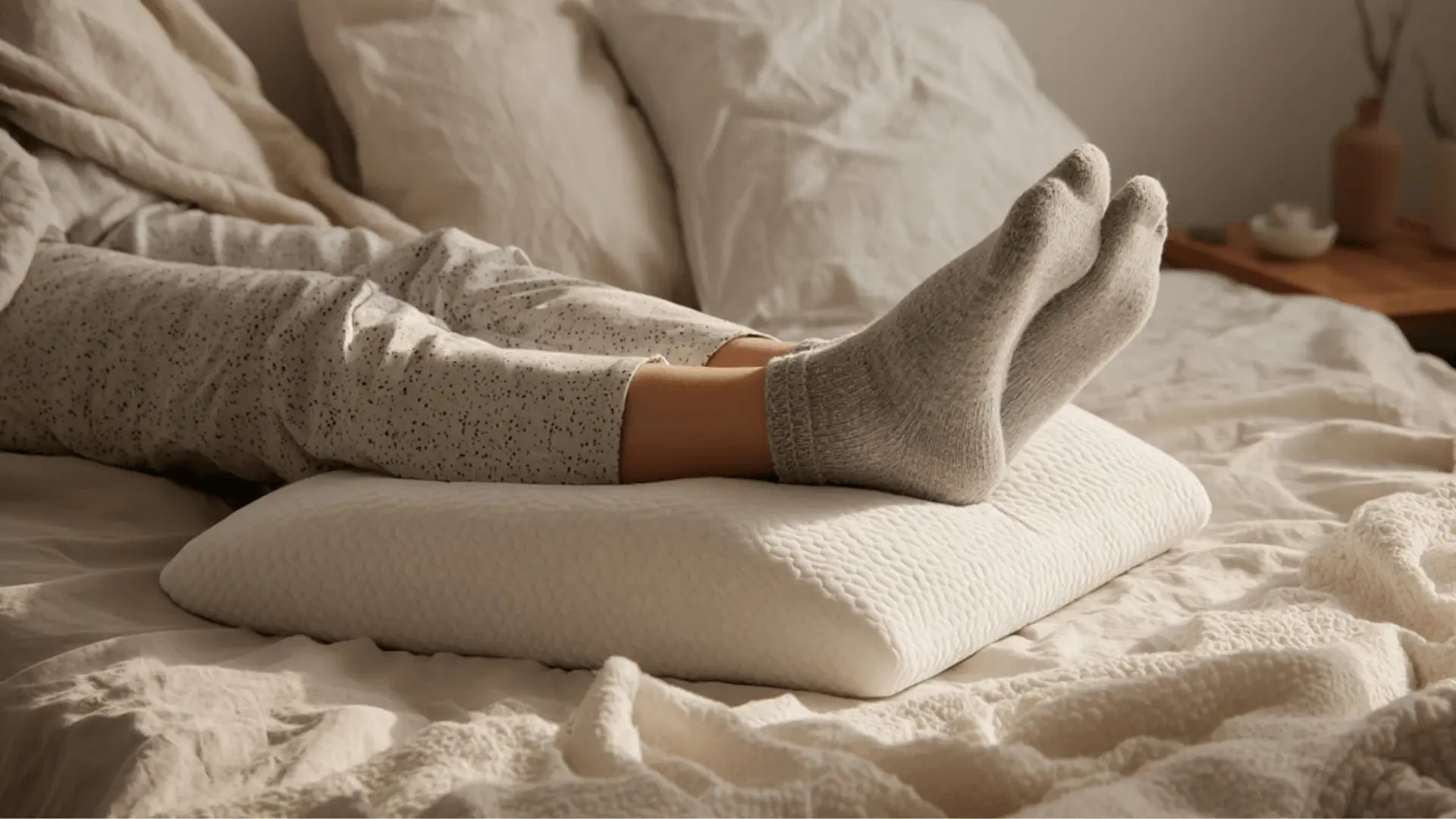 Person lying on a bed with legs elevated on a wedge pillow, wearing light gray pants.