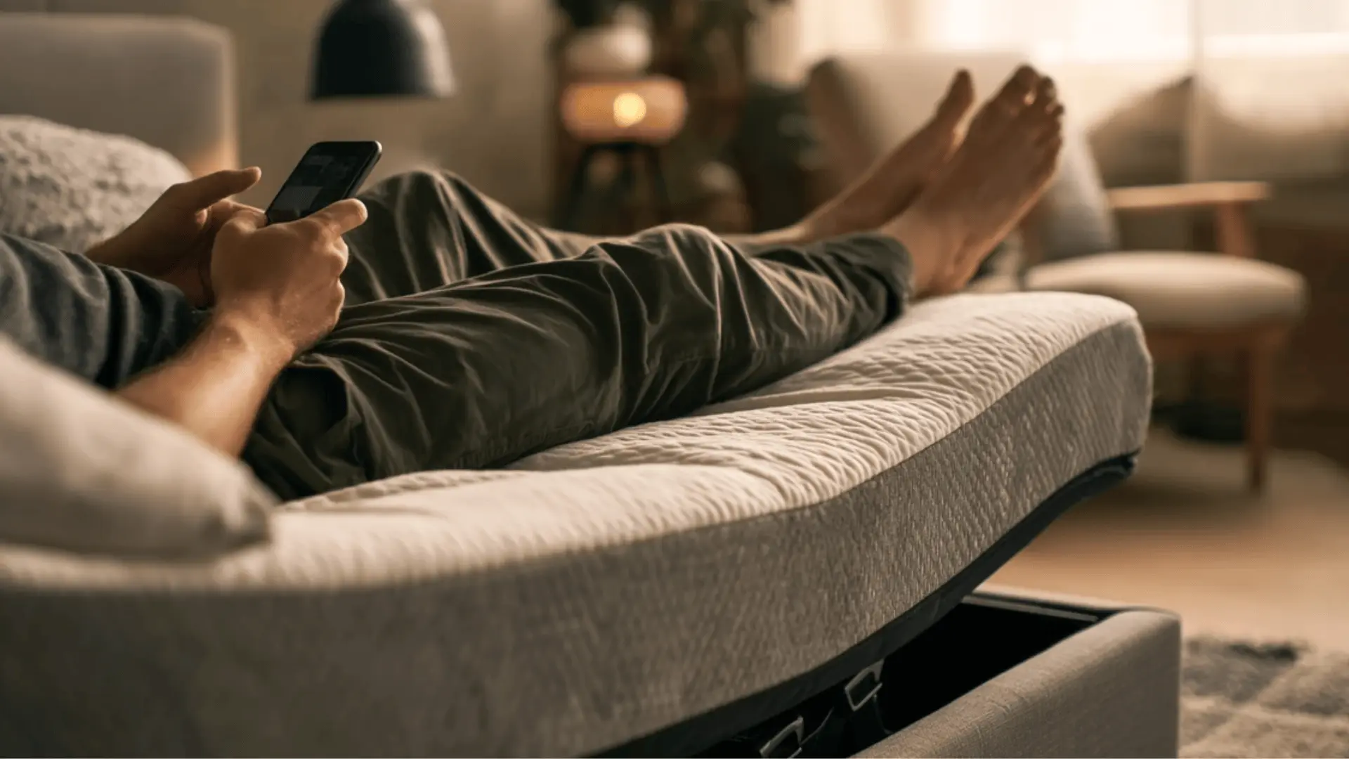Person lying on a bed with legs slightly elevated on an adjustable mattress, wearing dark green pants.