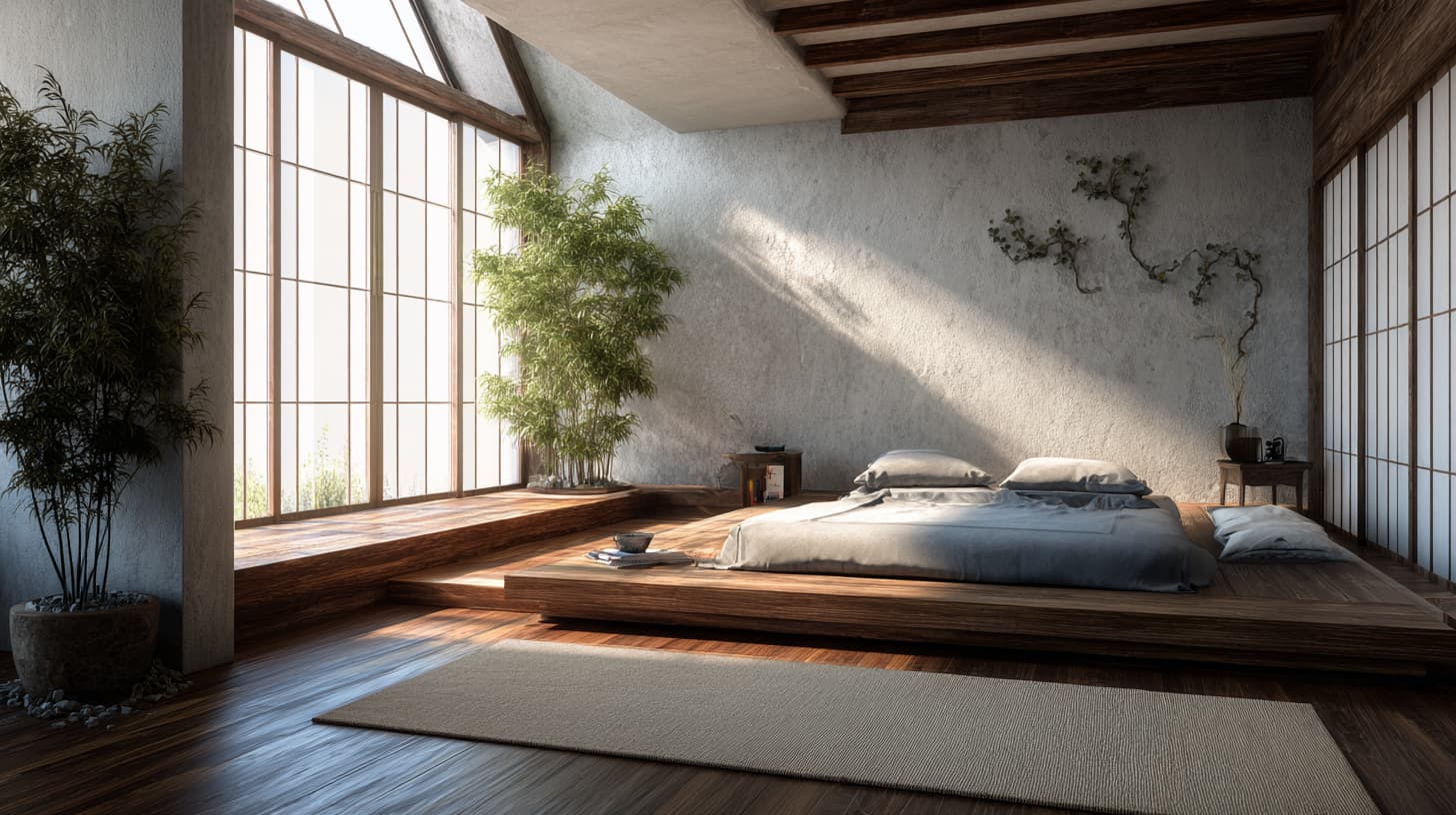 platform floor bed in modern Japanese minimalist bedroom