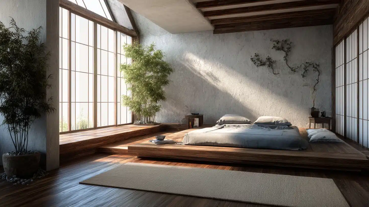 platform floor bed in modern Japanese minimalist bedroom