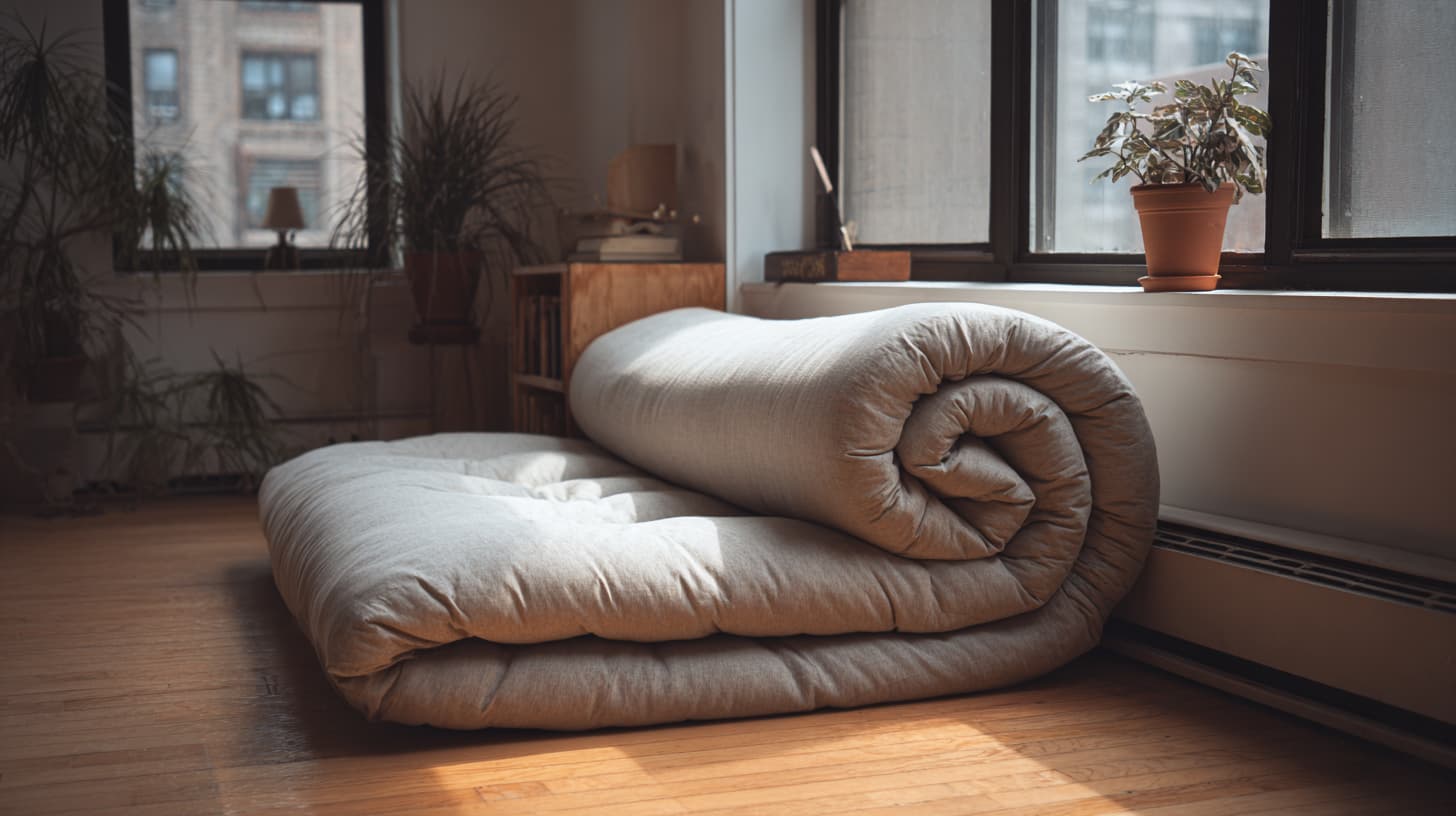 roll up futon mattress in compact minimalist bedroom setup
