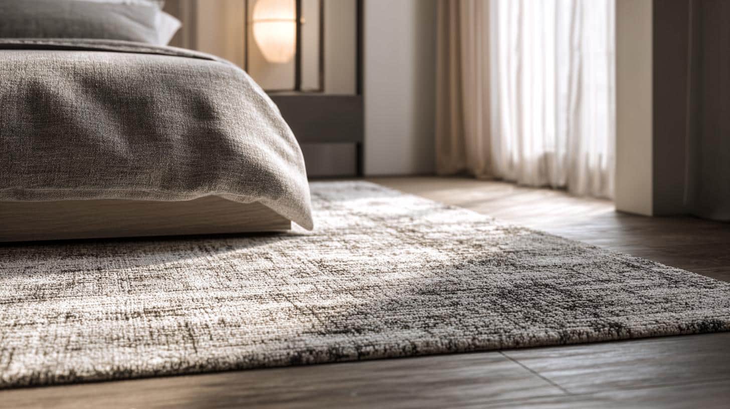 Rug under full-size bed showing size and placement