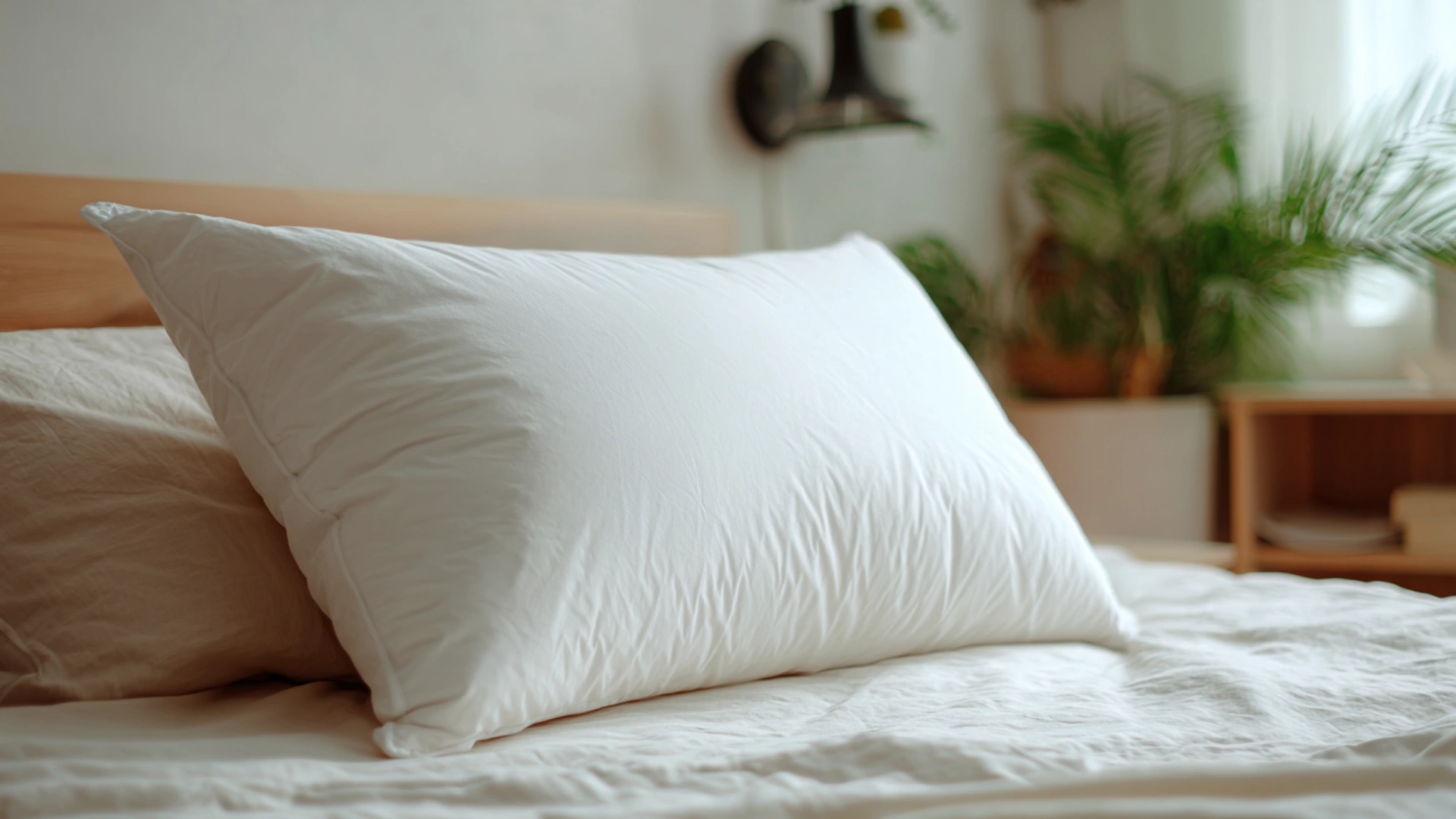 Soft white down pillow close-up on bed with airy loft and cozy natural lighting