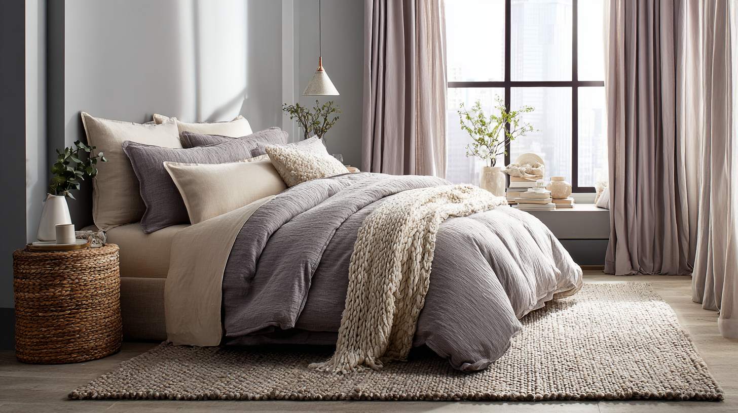 Styled bedroom with rug under full-size bed and coordinated decor