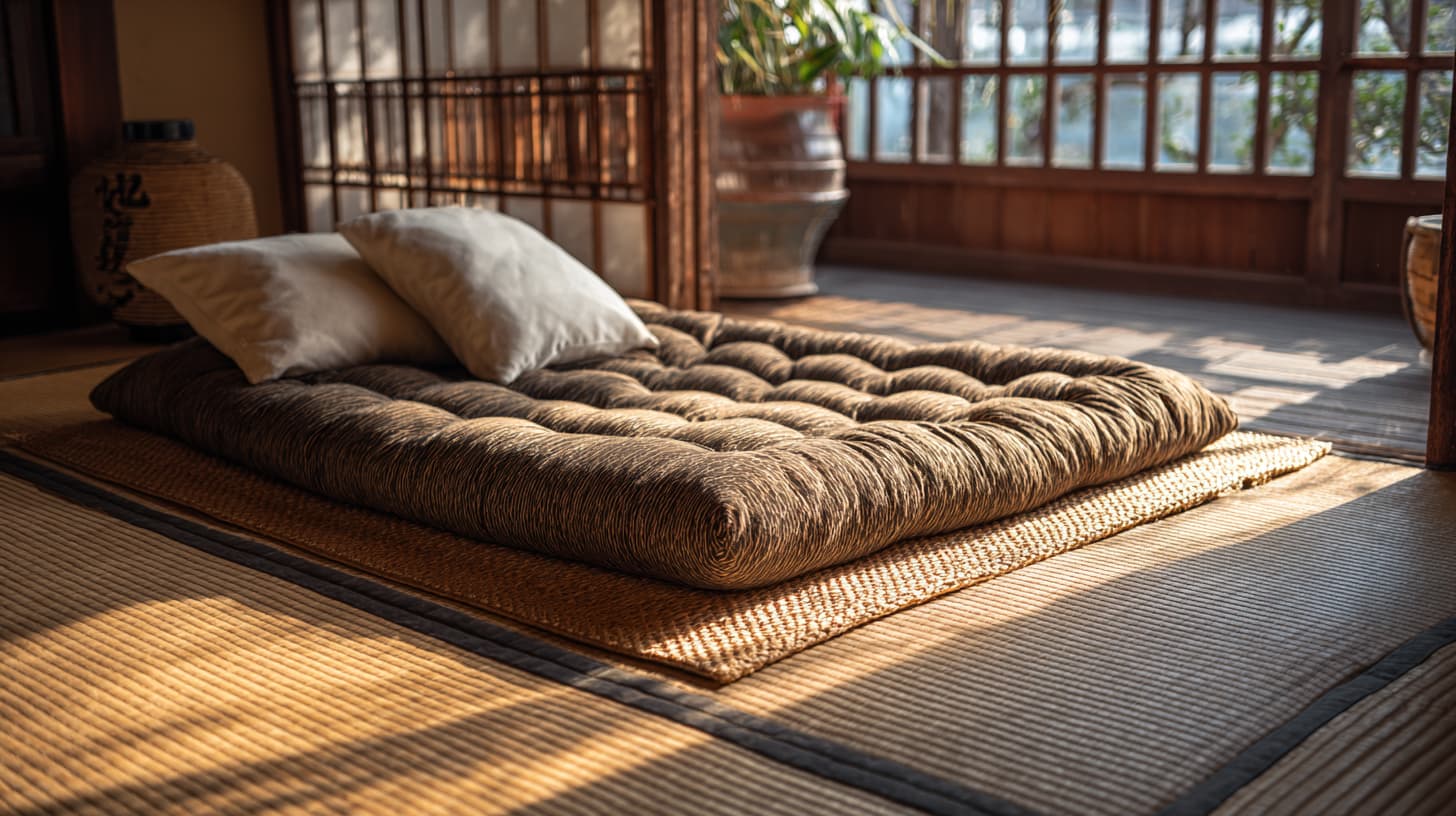 tatami mat bed with mattress in Japanese style bedroom