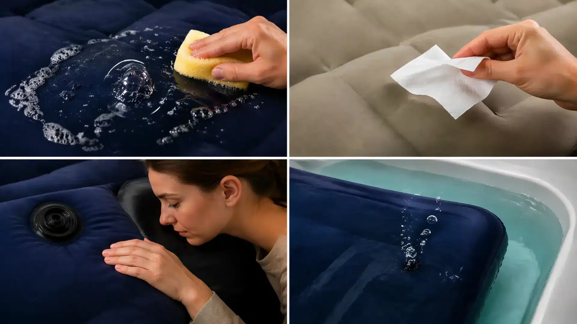 The process of patching an air mattress, including cleaning, checking for leaks, and submerging to find bubbles