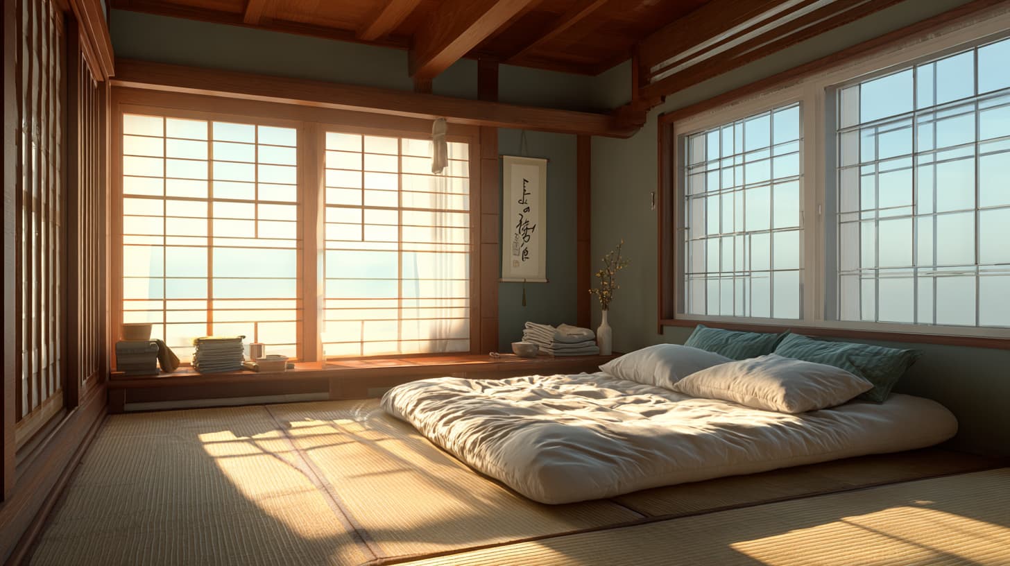 traditional Japanese futon bed on tatami mat in minimalist room