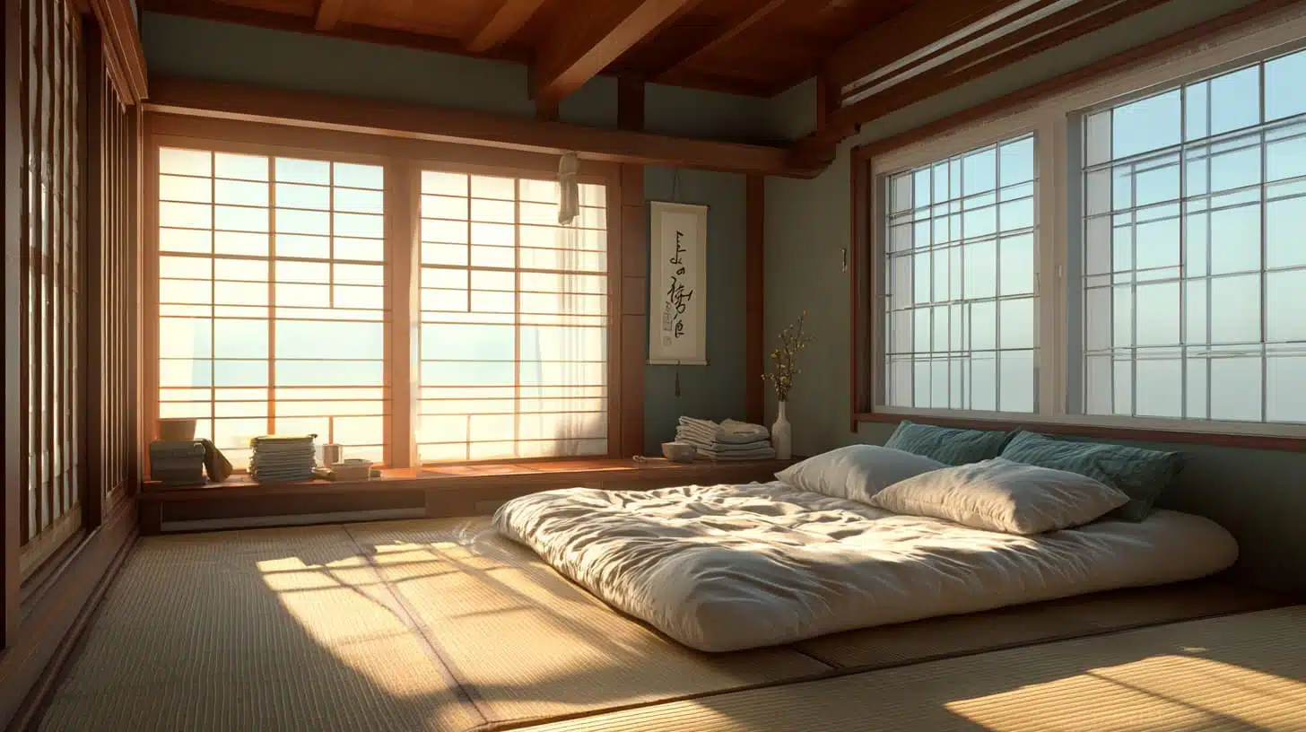traditional Japanese futon bed on tatami mat in minimalist room