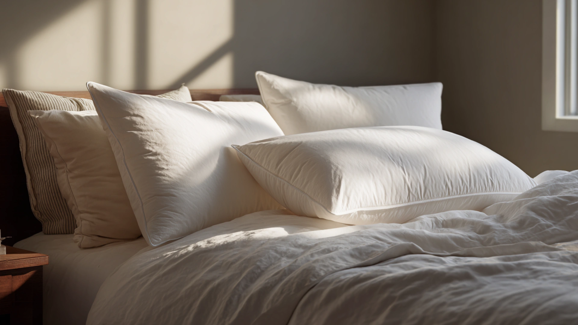 White down and feather pillows on bed in bright bedroom showing soft sleep setup