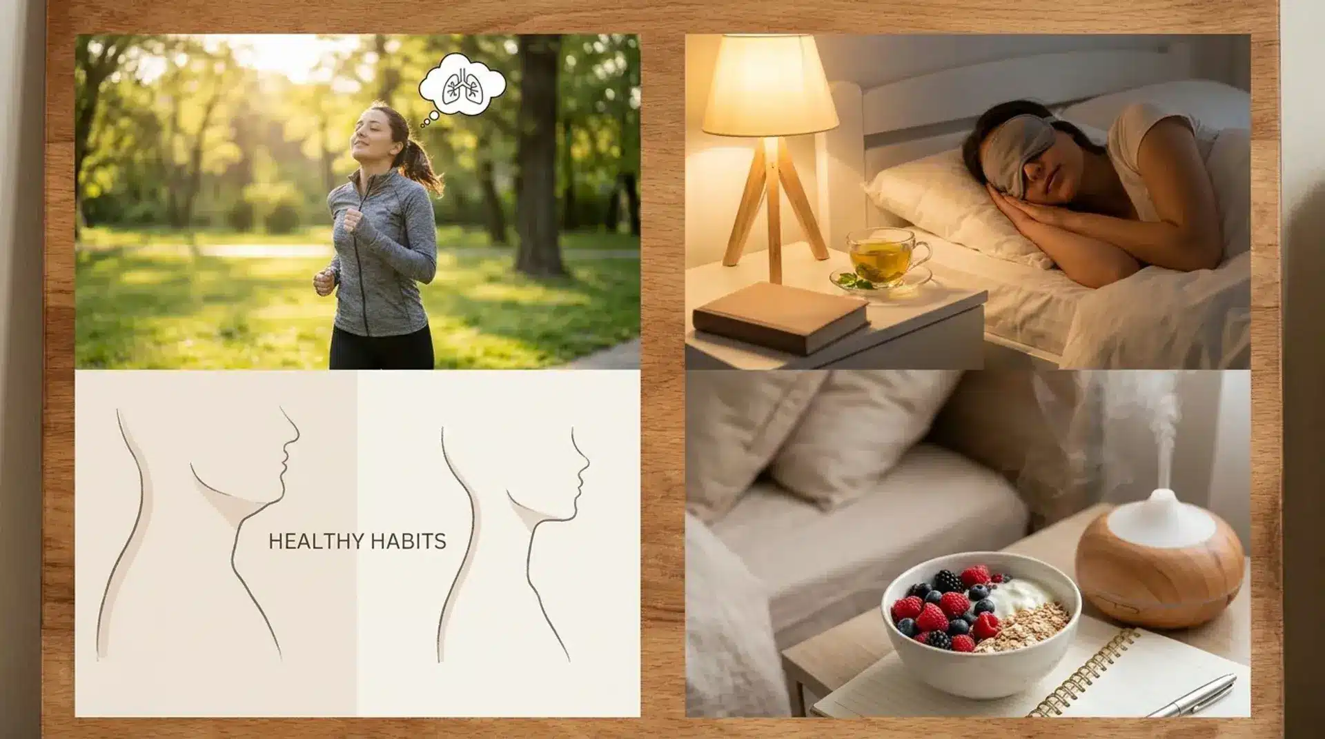 A collage showing healthy habits, a woman jogging, neck outline, someone sleeping on their side, and a healthy bedtime routine