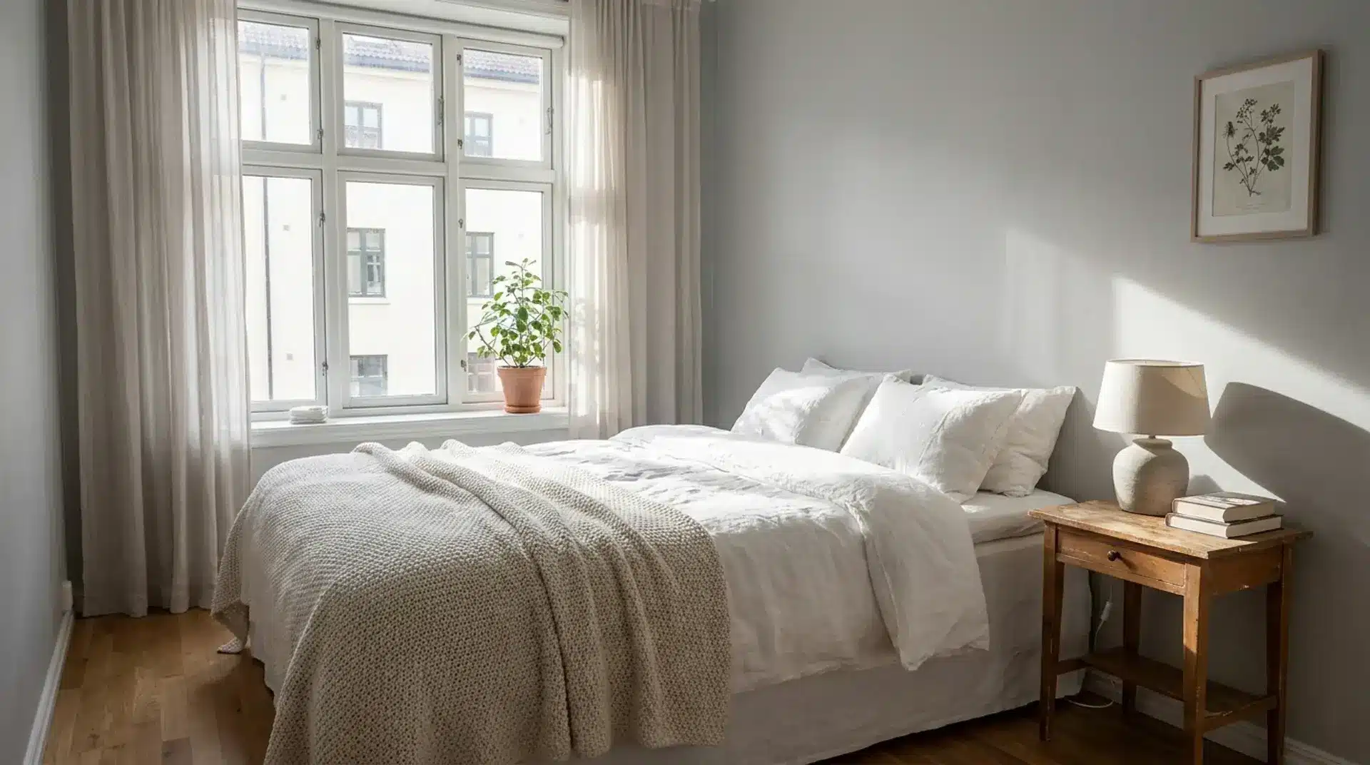 A cozy bedroom with soft lighting, a simple bed, and a potted plant by the window