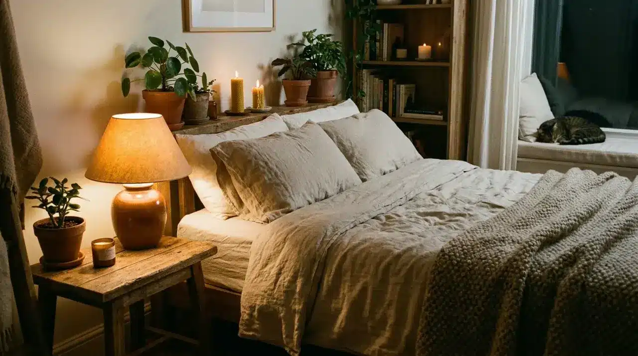 A cozy bedroom with soft lighting, plants, candles, and a neatly made bed, creating a peaceful, calming atmosphere.