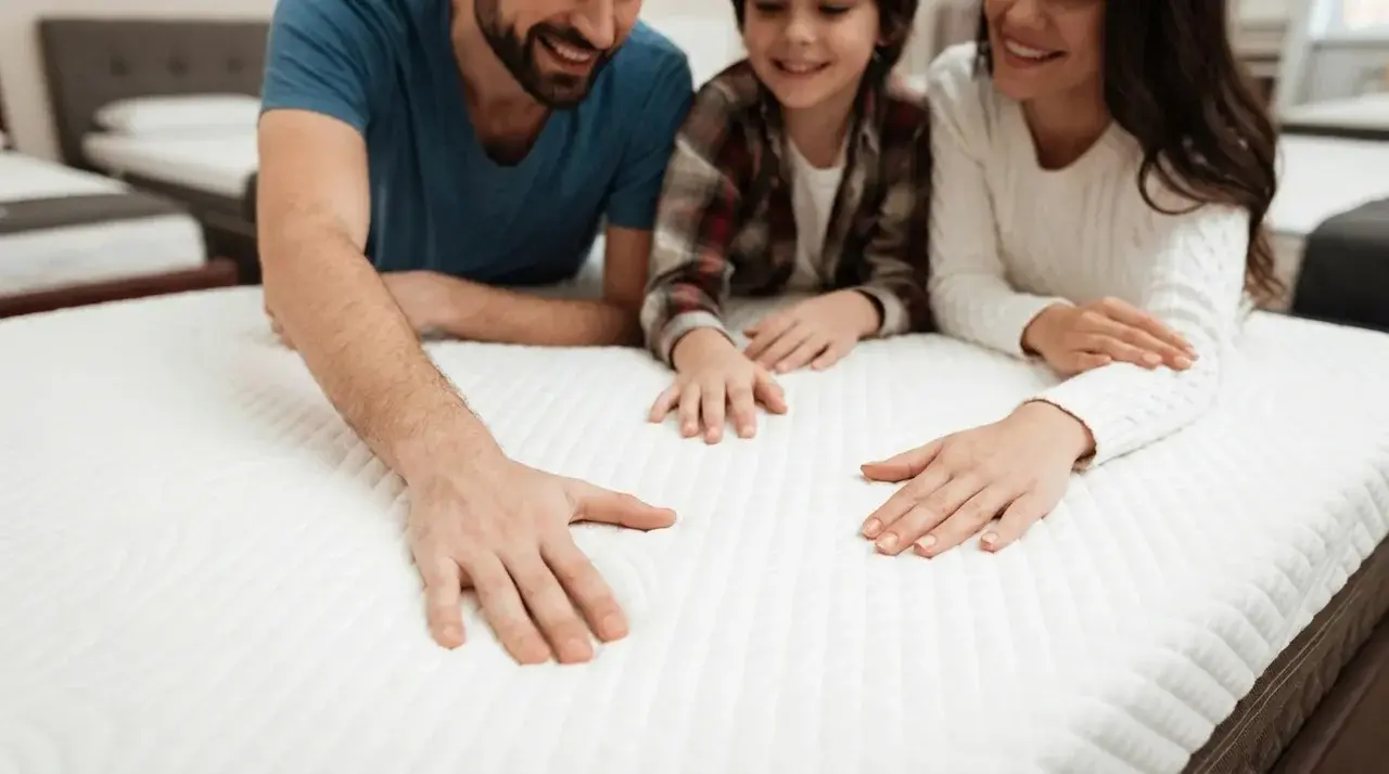 A family of three exploring a soft mattress in a store, with hands touching the surface together.