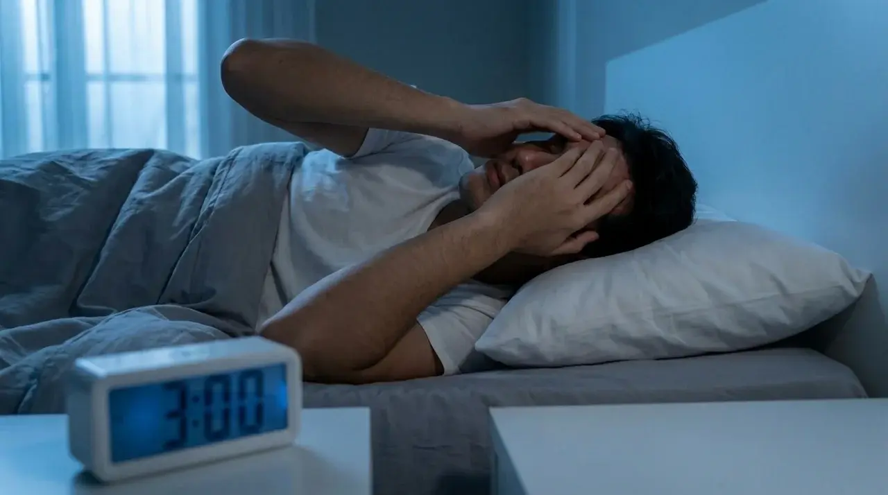 A person lying in bed, frustrated and awake at 300 AM, struggling with sleep