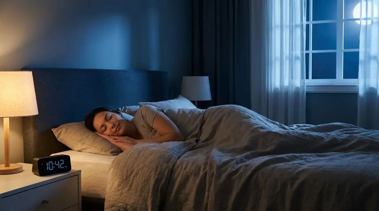 A person peacefully sleeping in bed with soft lighting, a bedside clock showing 1042, and moonlight through the window.