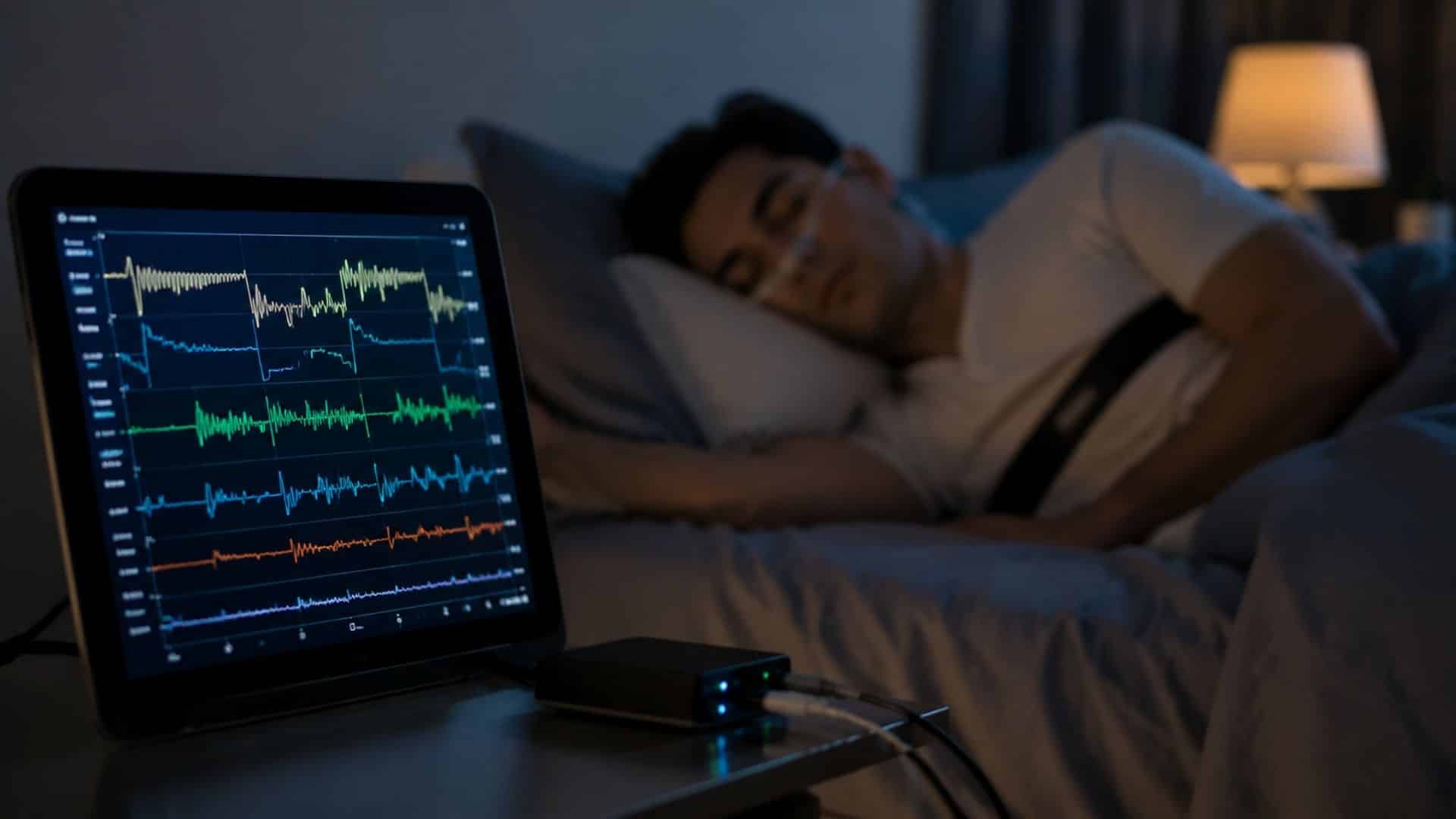 A sleep study scene with a monitor showing waveforms, while a man sleeps with monitoring equipment.