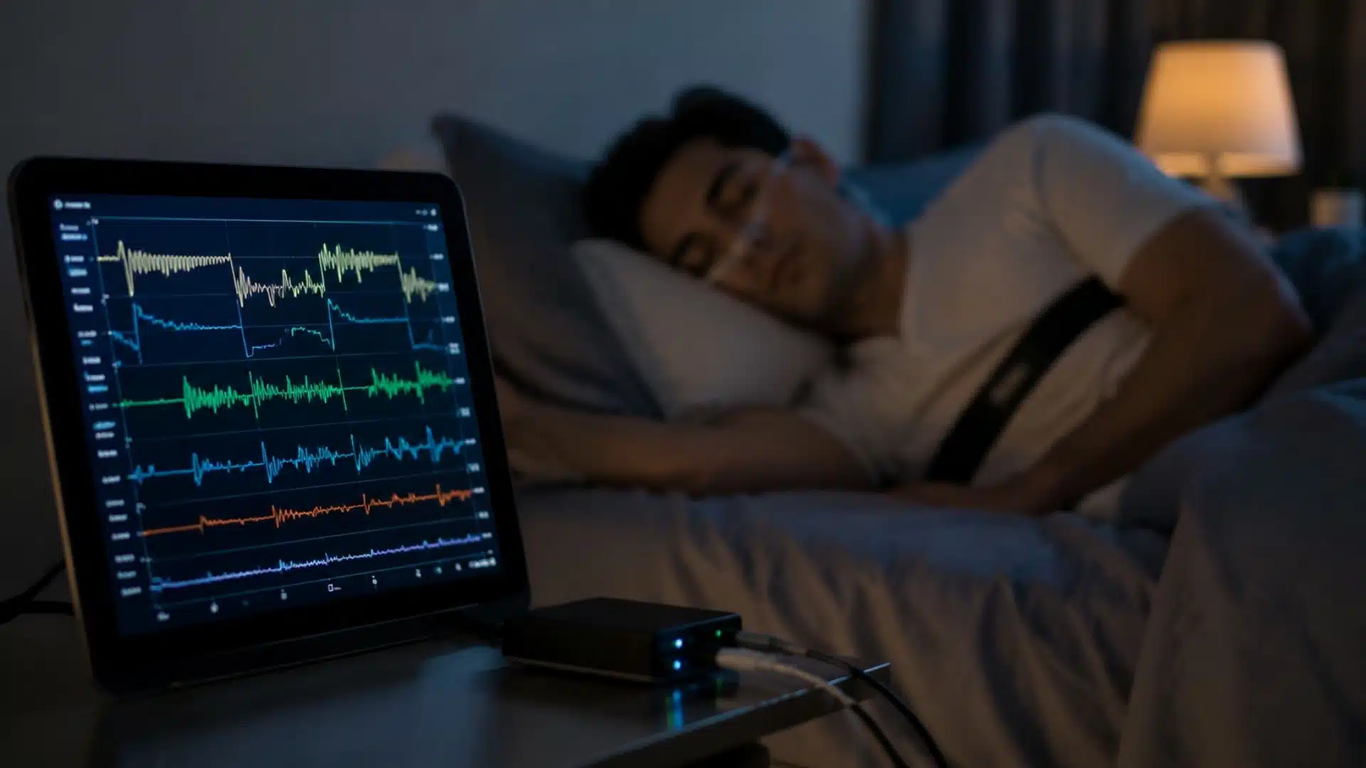 A sleep study scene with a monitor showing waveforms, while a man sleeps with monitoring equipment.