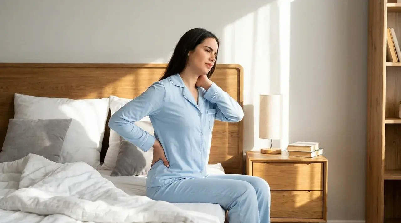 A woman in pajamas sitting on a bed, experiencing back pain and holding her lower back.