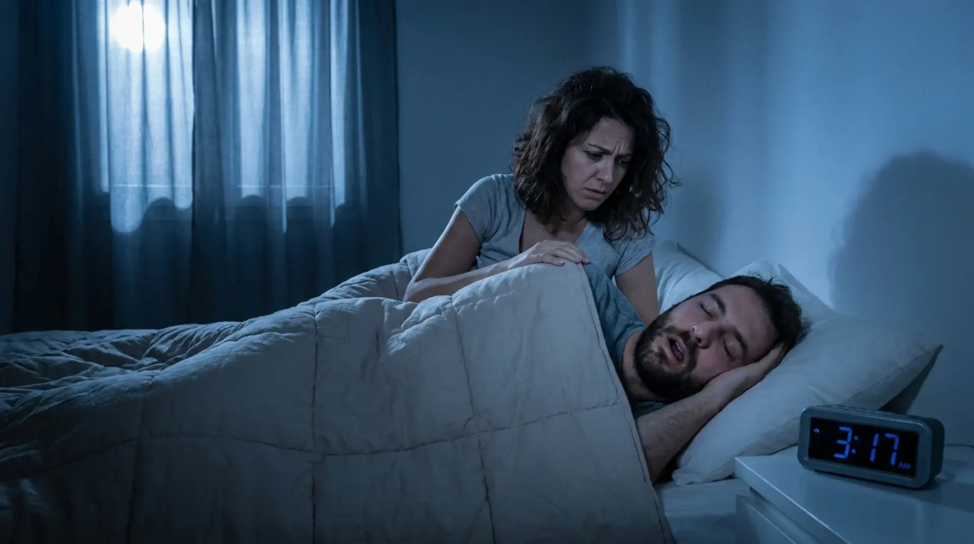 A woman looks concerned as her partner snores loudly in bed