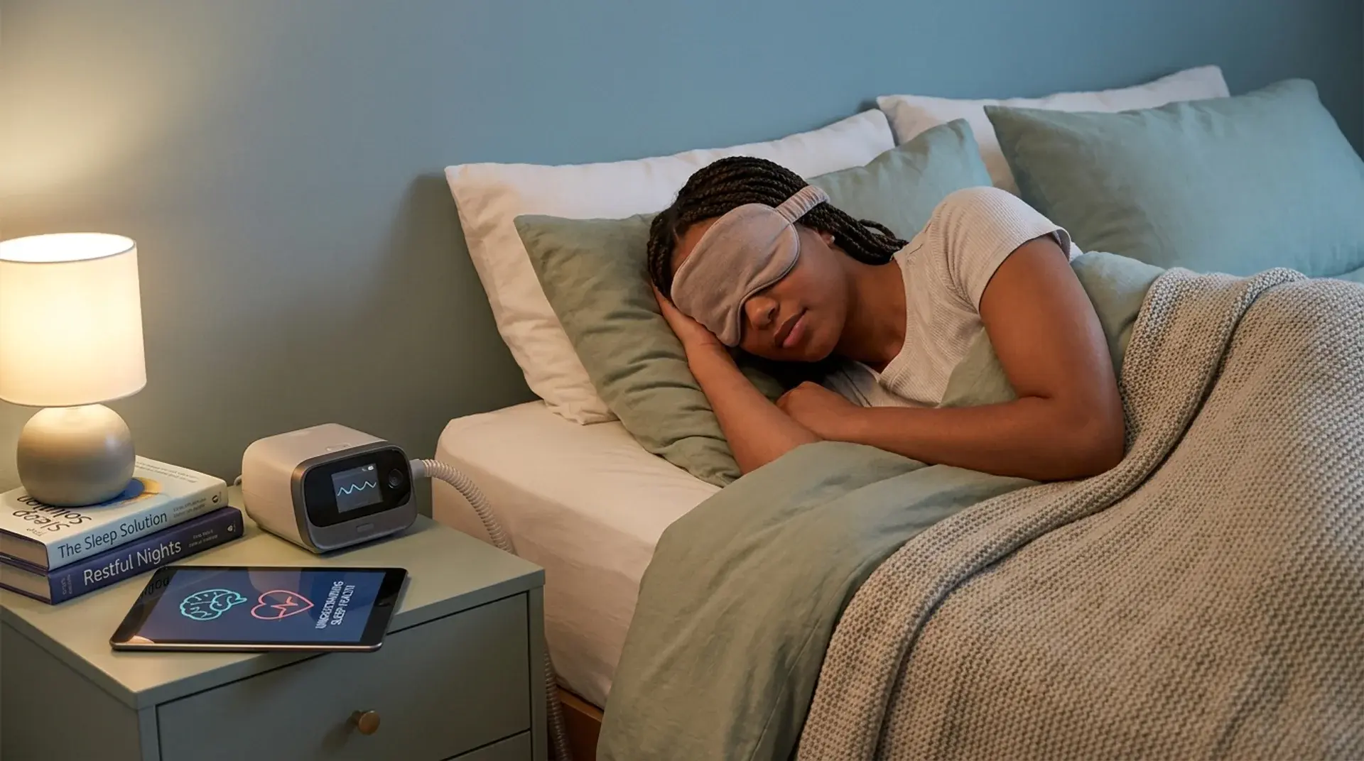 A woman wearing a sleep mask rests comfortably in bed, with a CPAP machine and sleep-related books