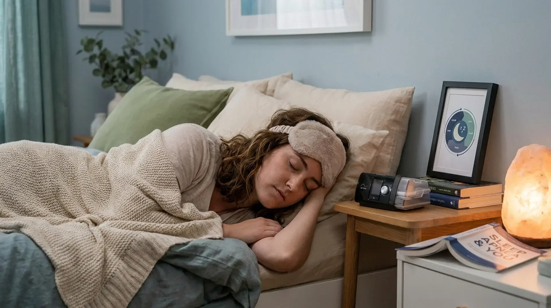 A young woman peacefully sleeping on her side in a cozy bedroom, with a sleep mask and a CPAP machine on the nightstand