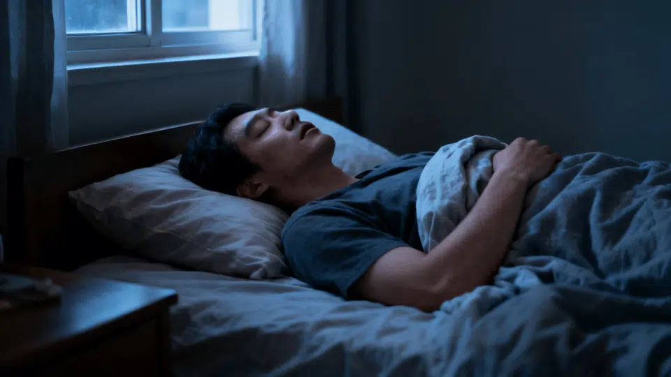 Adult sleeping on back with mouth slightly open in a dim bedroom setting