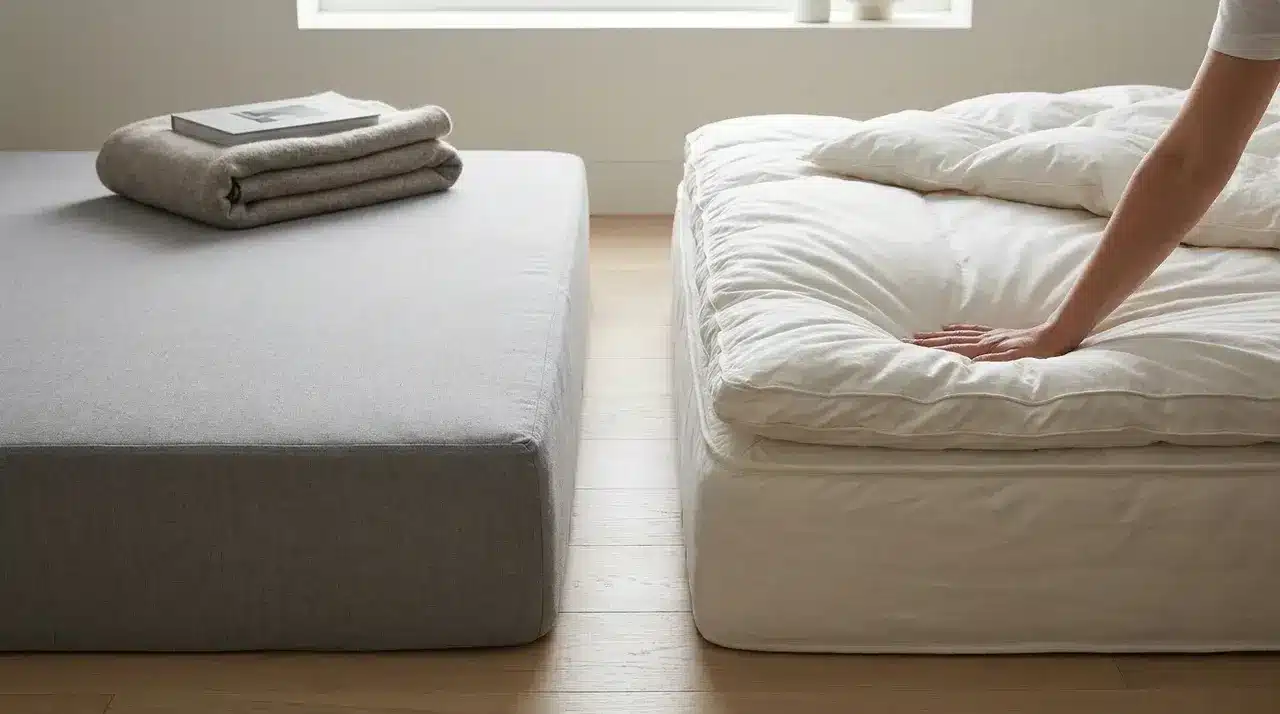 An image showing a firm mattress on the left and a soft, plush mattress on the right with a hand pressing down on it.