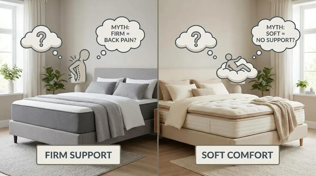 An infographic showing a firm mattress on the left with a Firm Support label. Both have thought bubbles representing common myths about each type.
