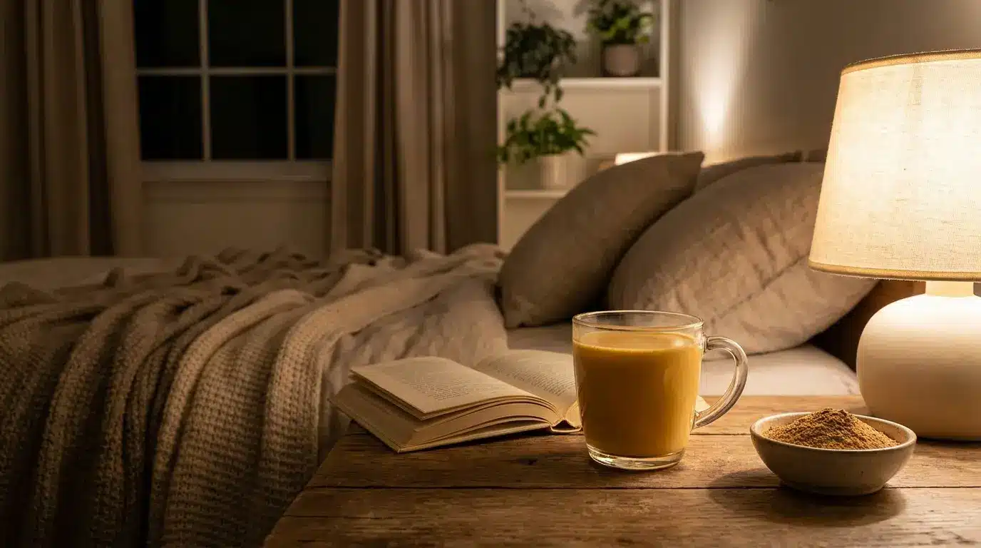 Ashwagandha milk and herbs on a bedside table for stress relief and sleep support