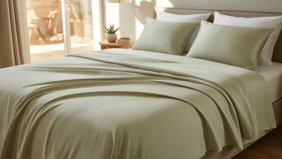 Bedroom with soft Tencel lyocell bedsheets on bed in natural light