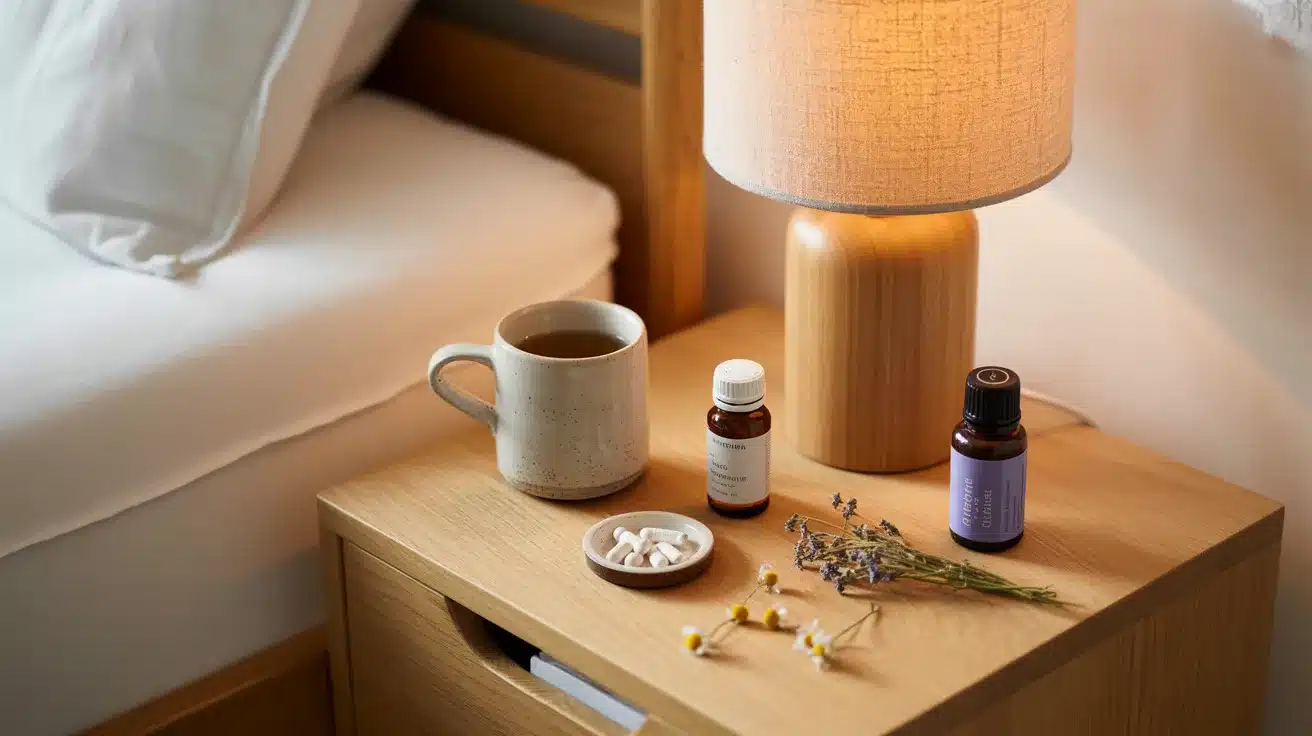 Bedside setup with herbal tea oils and supplements showing natural sleep routine for relaxation