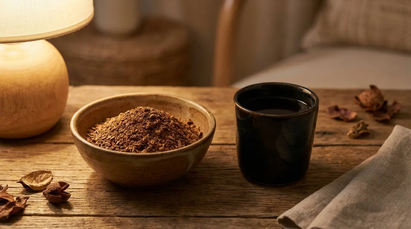 Bowl of magnolia bark powder beside herbal tea for sleep support