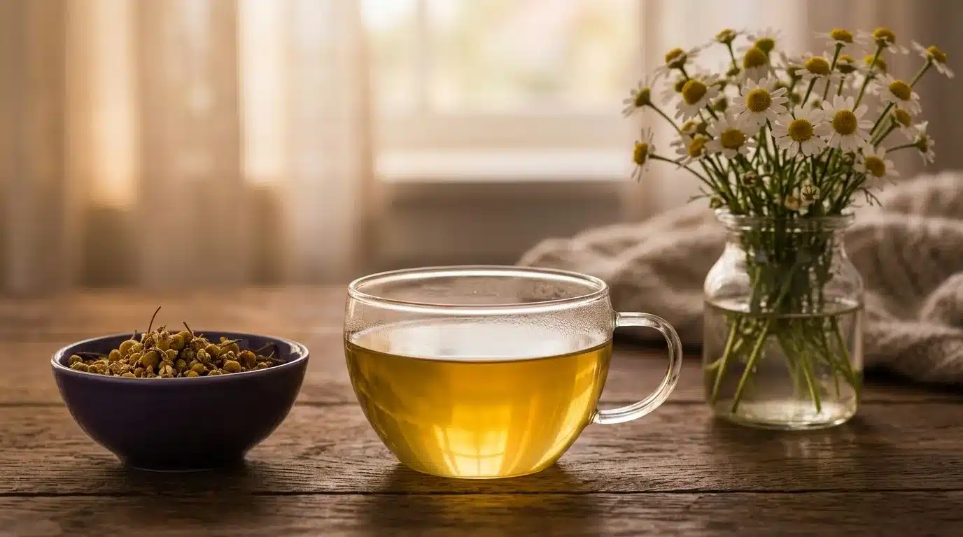 Chamomile flowers with calming tea in soft light