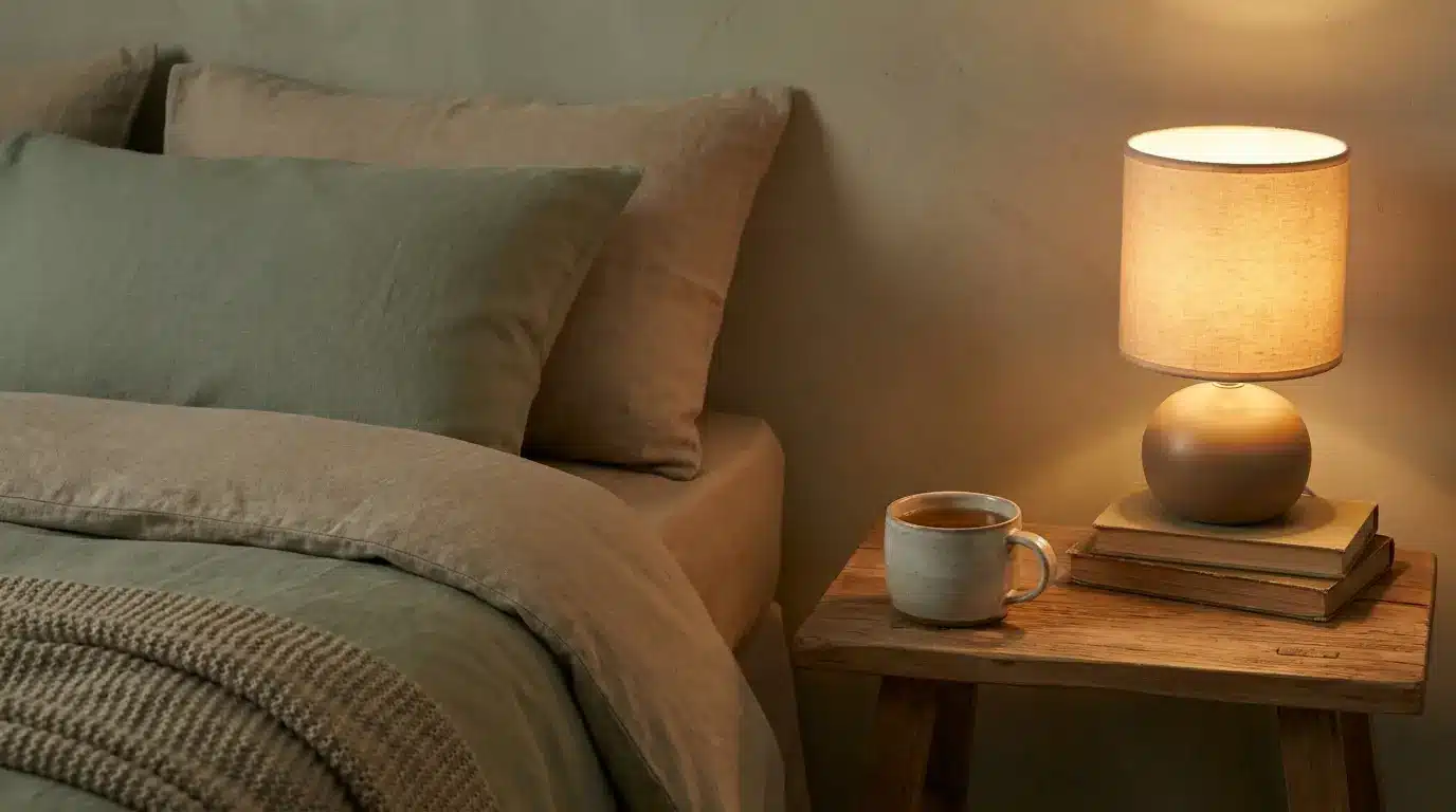 Cup of lemon balm tea on a cozy bedside table at night