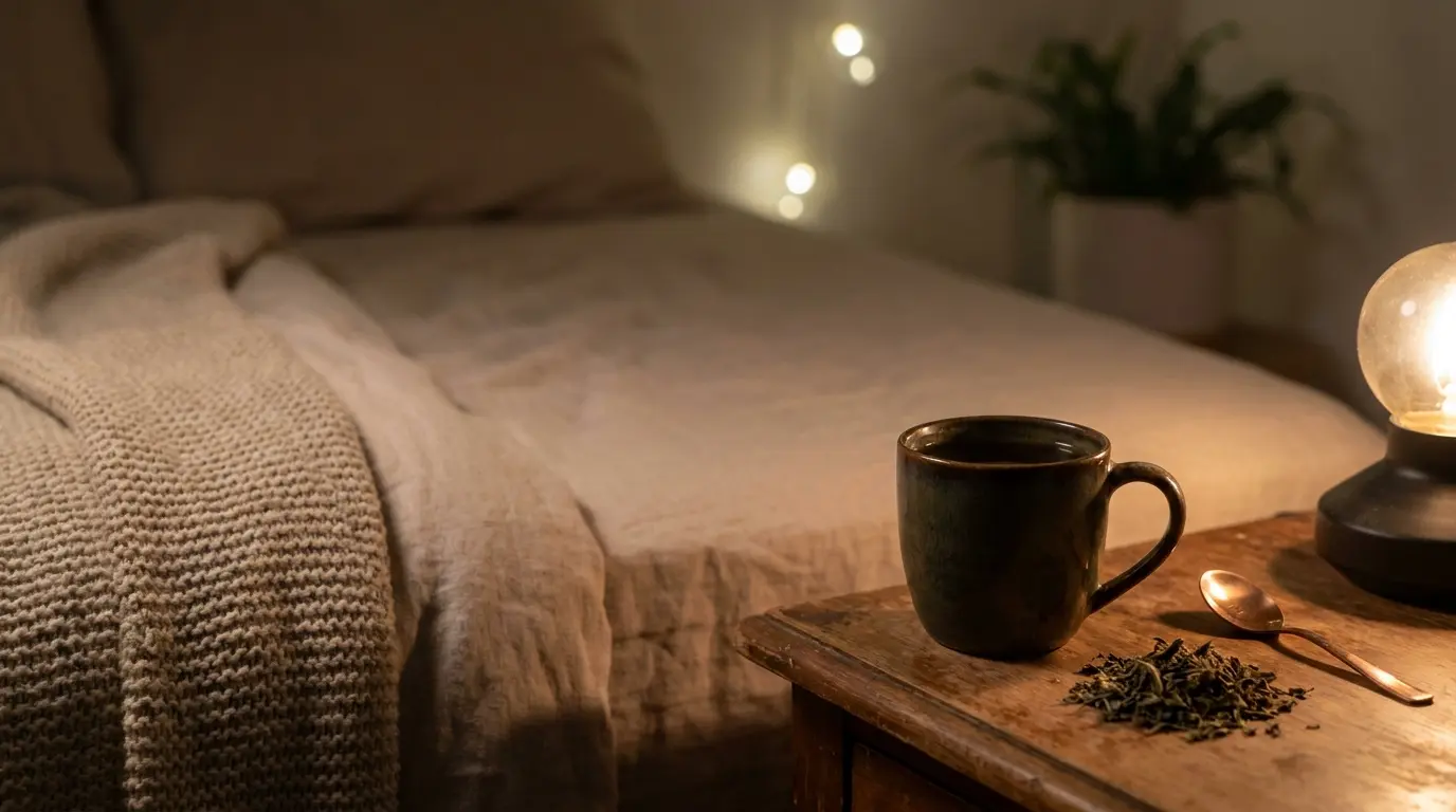 Cup of tulsi tea with holy basil leaves in a calm nighttime setting