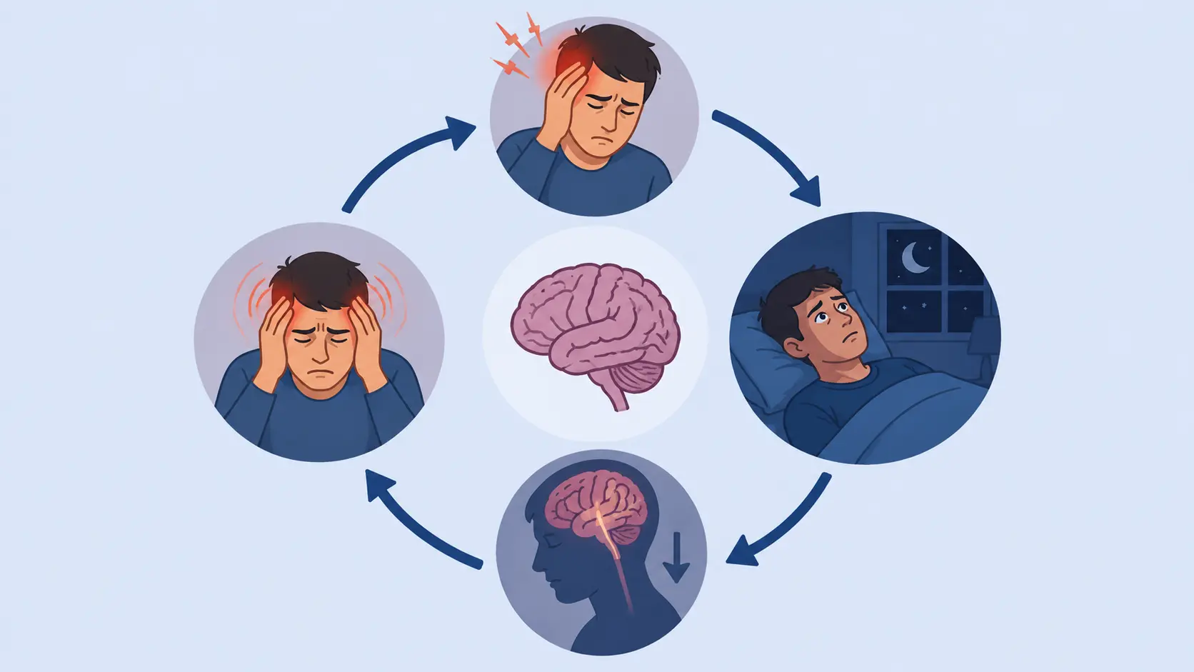 Cycle showing connection between headaches, sleep loss, and fatigue