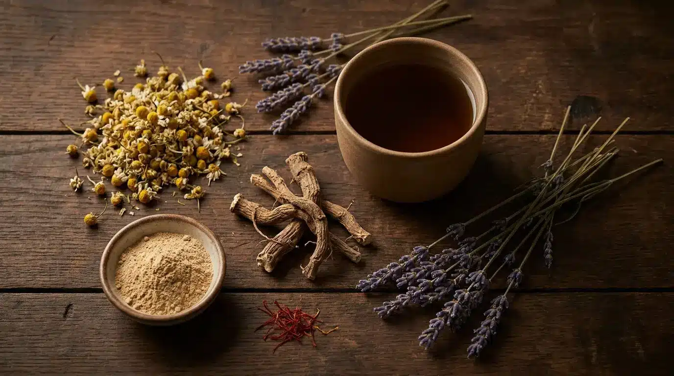 Flat lay of sleep herbs like chamomile valerian lavender ashwagandha