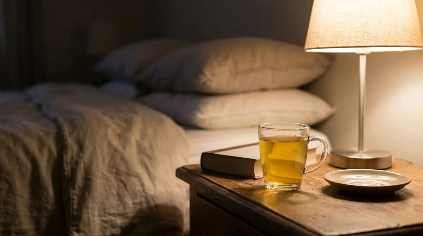 Glass cup of California poppy herbal tea on a bedside table at night