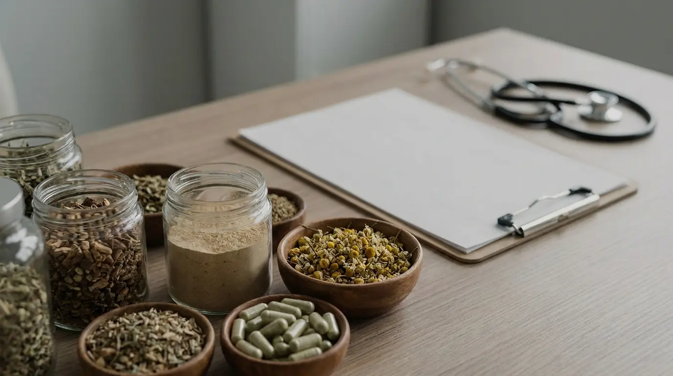 Herbal supplements on a table beside medical tools representing safe and cautious use of sleep herbs