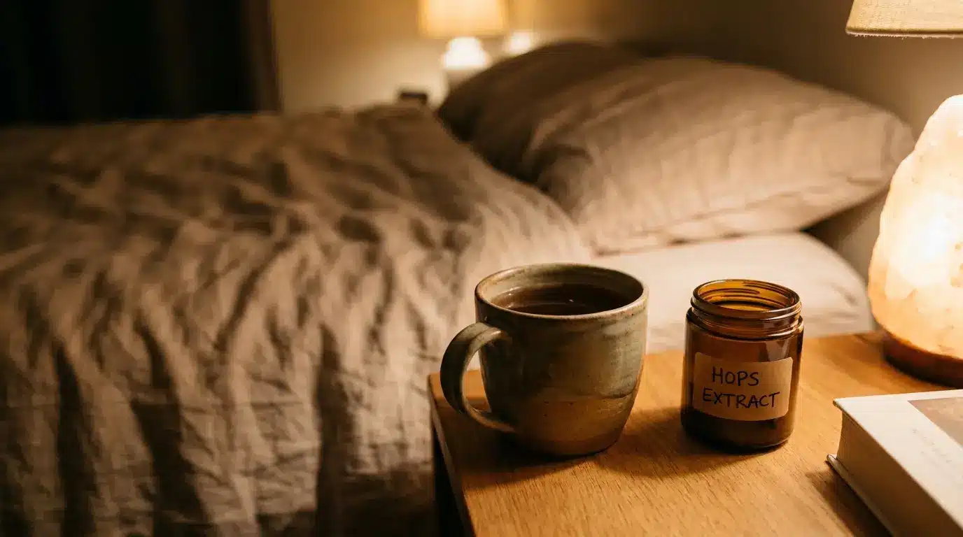 Herbal tea and hops extract placed in a calming nighttime sleep setting