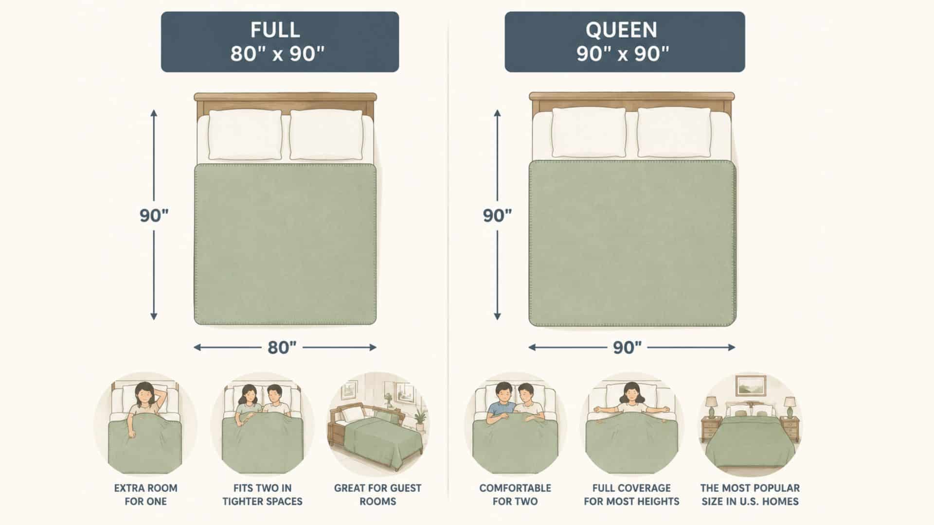 Infographic comparing Full (80 x 90) and Queen (90 x 90) blanket sizes, highlighting their uses and benefits