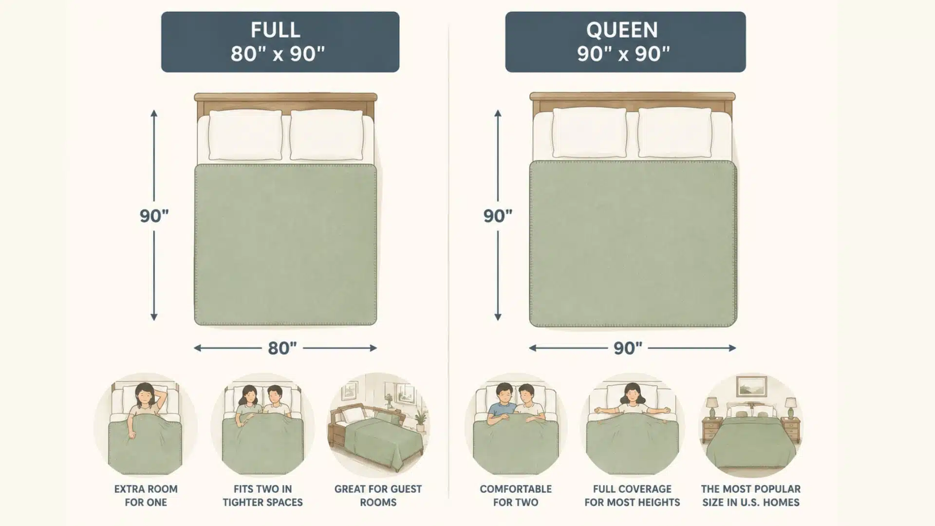 Infographic comparing Full (80 x 90) and Queen (90 x 90) blanket sizes, highlighting their uses and benefits