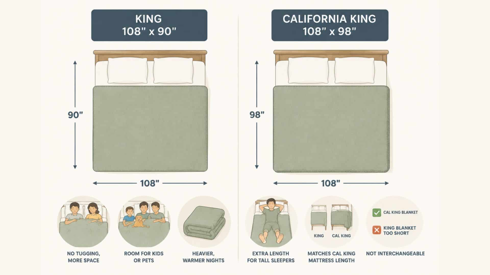 Infographic comparing King (108 x 90) and California King (108 x 98) blanket sizes, highlighting their differences in width and length