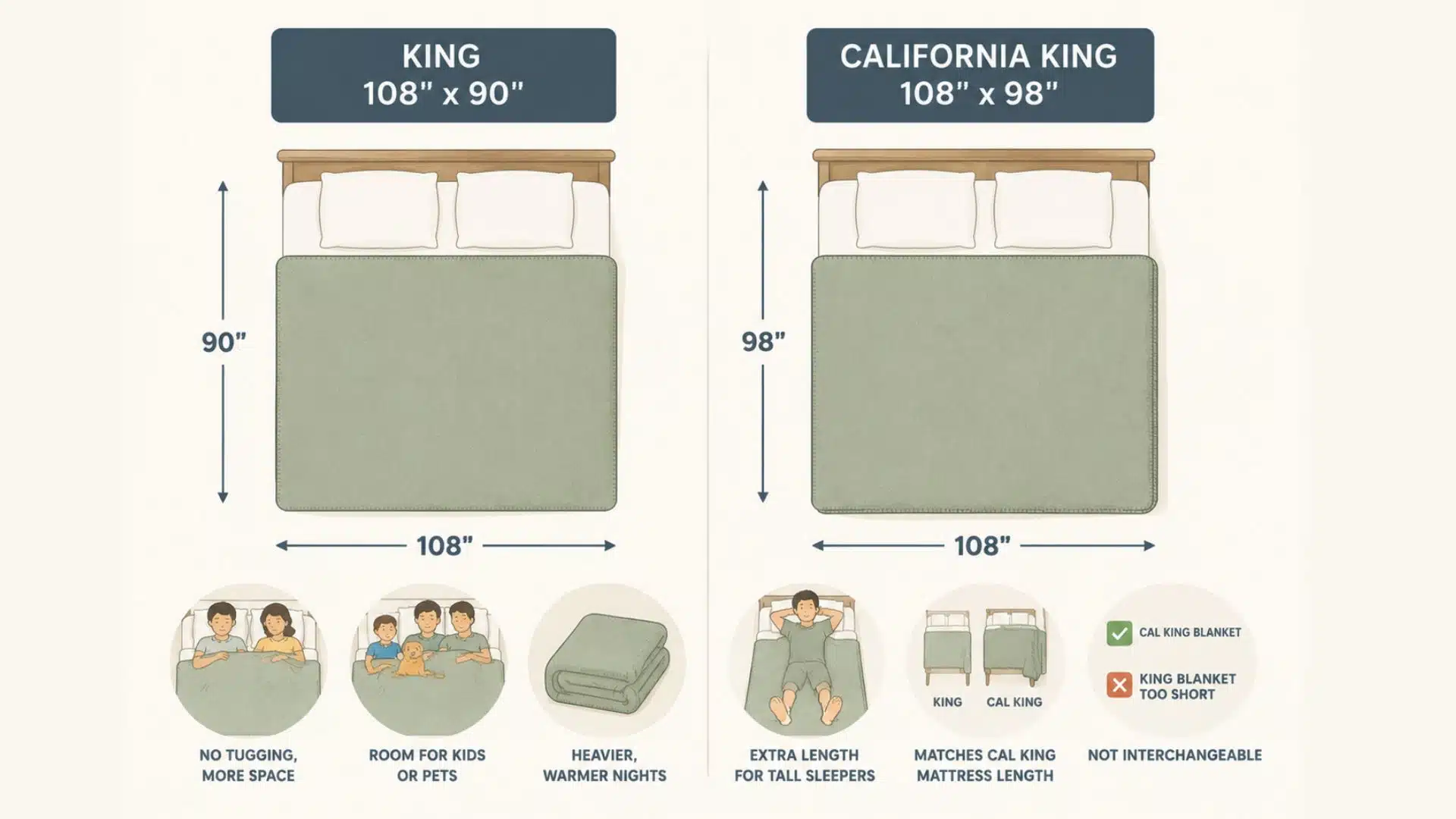 Infographic comparing King (108 x 90) and California King (108 x 98) blanket sizes, highlighting their differences in width and length