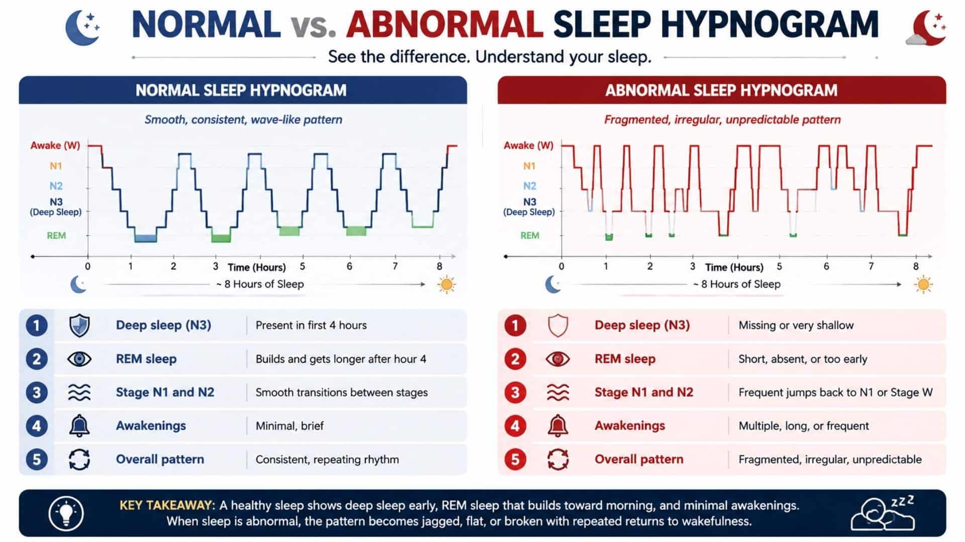 Infographic comparing normal vs. abnormal sleep hypnograms, highlighting key sleep patterns.