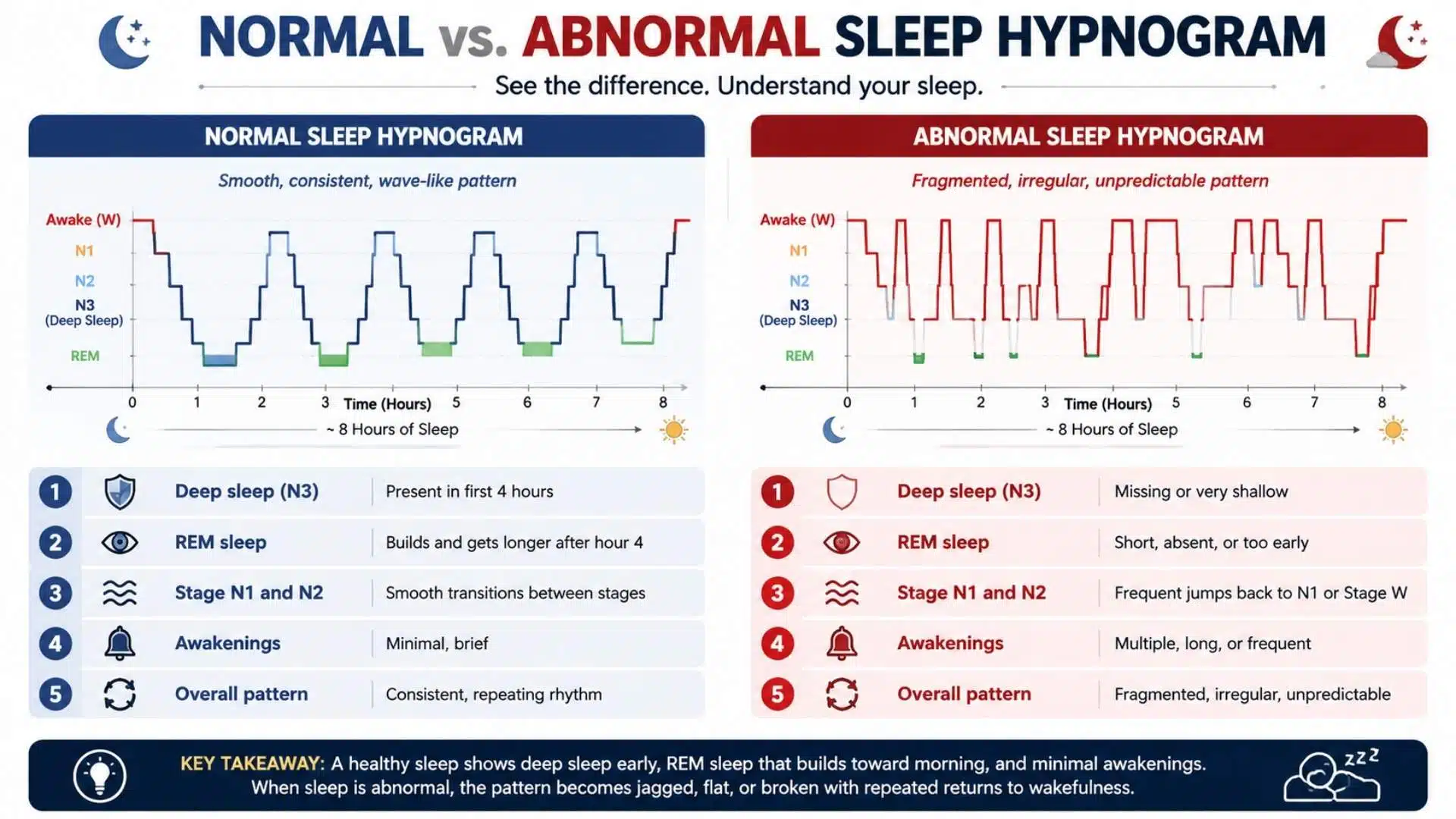 Infographic comparing normal vs. abnormal sleep hypnograms, highlighting key sleep patterns.
