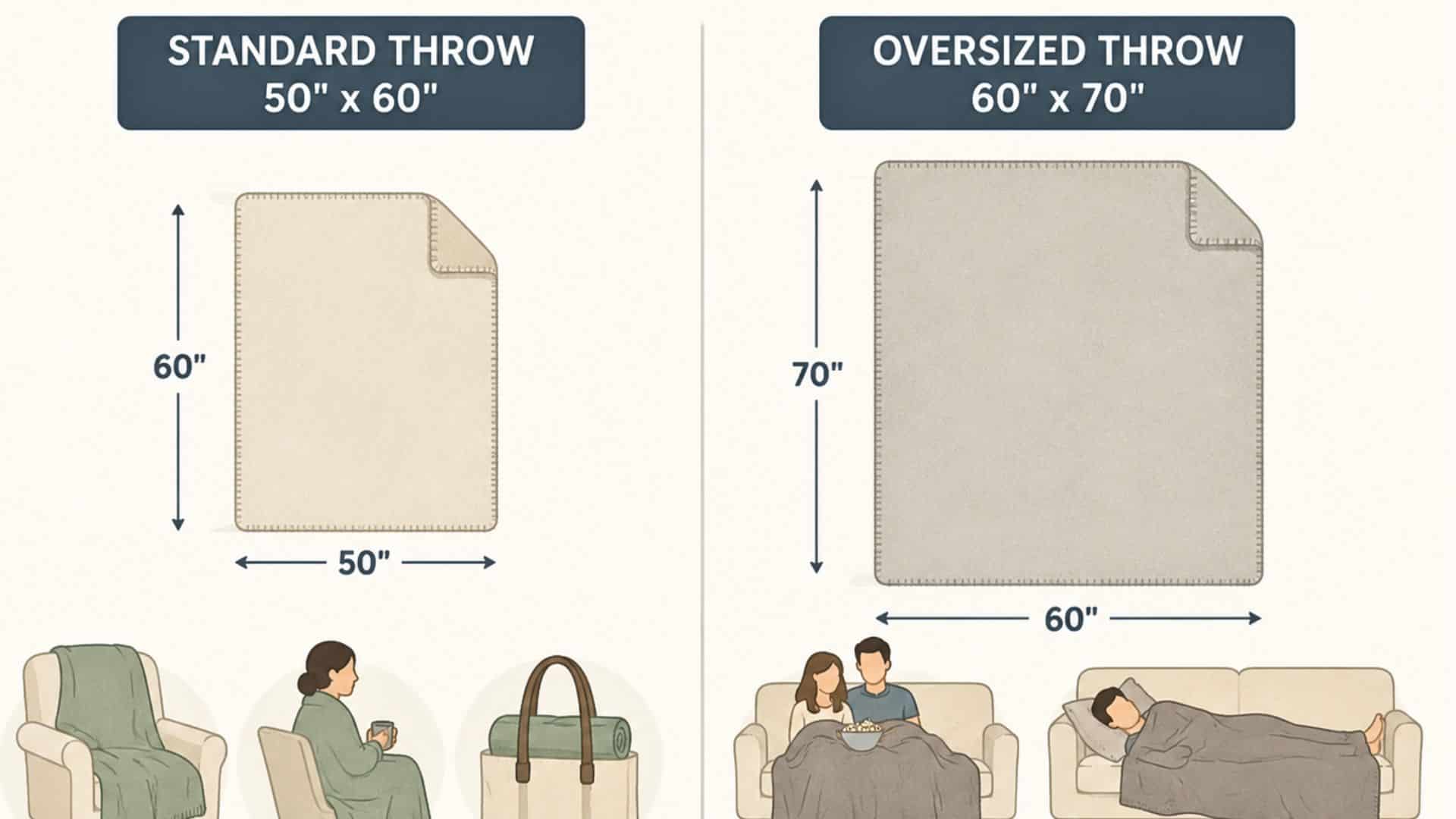 Infographic comparing the sizes and uses of Standard Throw (50 x 60) and Oversized Throw (60 x 70) blankets