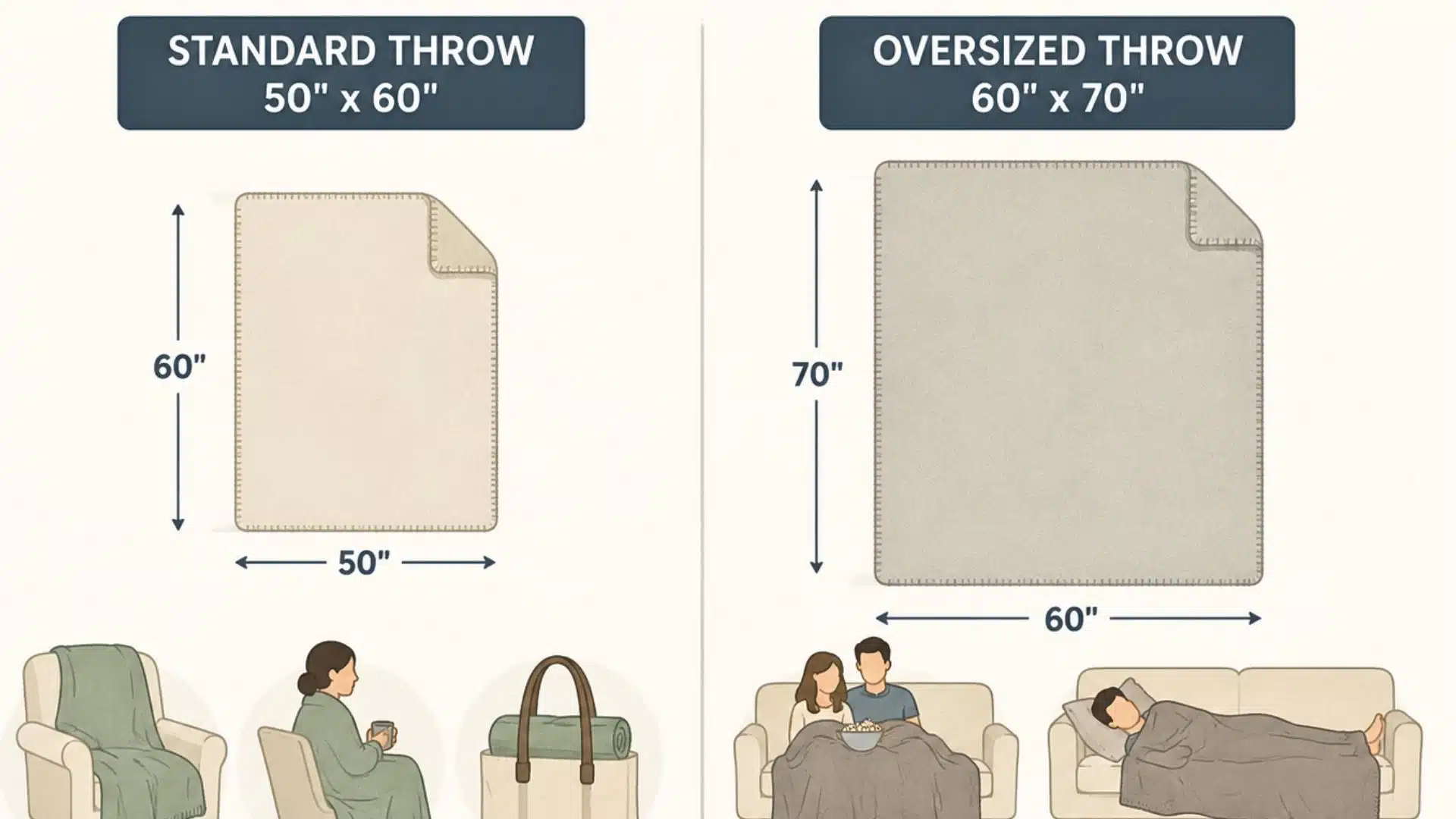 Infographic comparing the sizes and uses of Standard Throw (50 x 60) and Oversized Throw (60 x 70) blankets