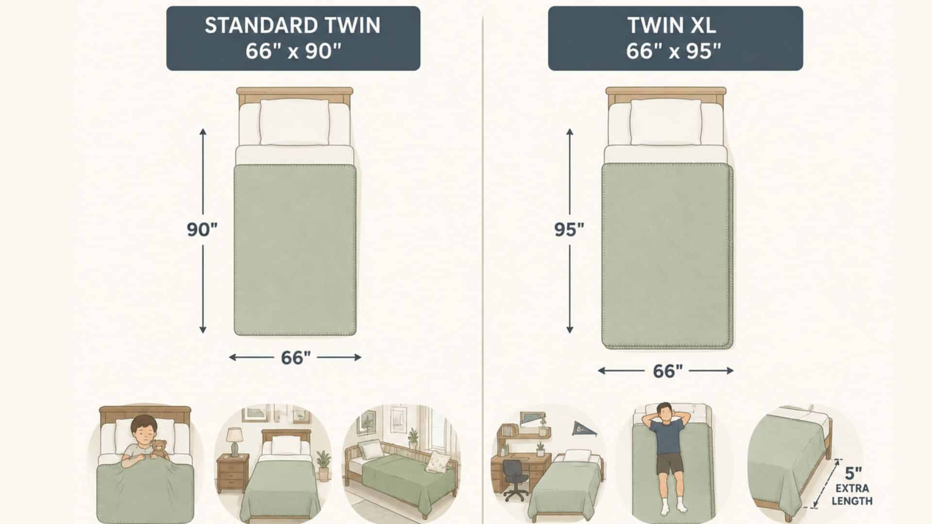 Infographic comparing the sizes and uses of Standard Twin (66 x 90) and Twin XL (66 x 95) blankets